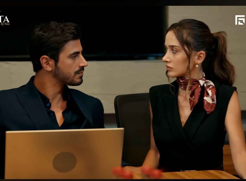 Mercan and Ateş in a tense forced marriage moment in Arafta Episode 1